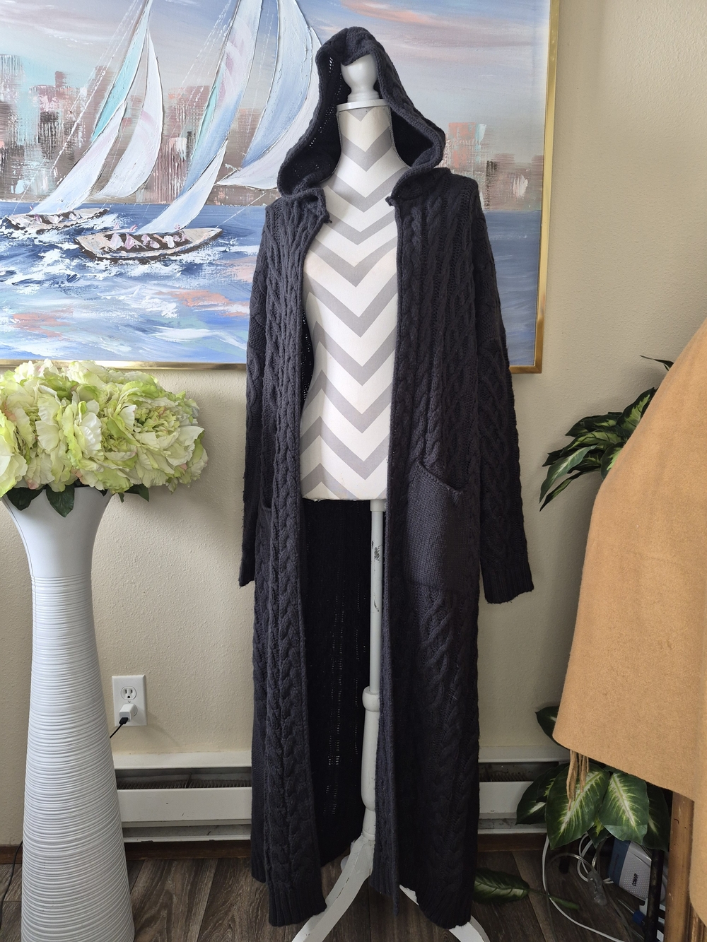 Long Hooded Cable Dark Grey Knit Women's Coatigan